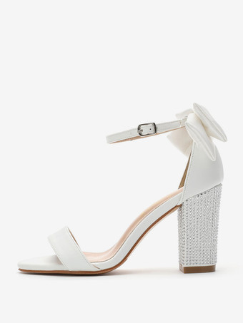 ホワイトウェディングシューズ リボン オープントゥ ラインストーン チャンキーヒール ブライダルシューズ