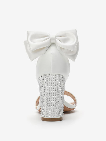 ホワイトウェディングシューズ リボン オープントゥ ラインストーン チャンキーヒール ブライダルシューズ