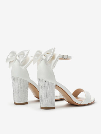 ホワイトウェディングシューズ リボン オープントゥ ラインストーン チャンキーヒール ブライダルシューズ