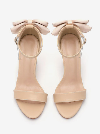 ホワイトウェディングシューズ リボン オープントゥ ラインストーン チャンキーヒール ブライダルシューズ