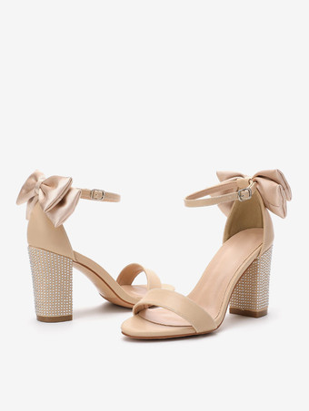 ホワイトウェディングシューズ リボン オープントゥ ラインストーン チャンキーヒール ブライダルシューズ