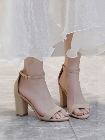 レディースヒールサンダル オープントゥ チャンキーヒールサンダル スエードレザー