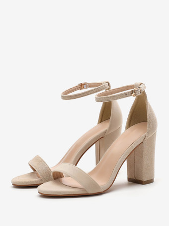 肌色レディースヒールサンダル オープントゥ チャンキーヒールサンダル スエードレザー