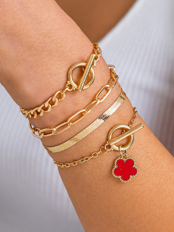 レッド ブレスレット フラワー サークル チェーン マルチ ゴージャス ブレスレット 4個