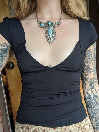 ブラック フィットTシャツ キャップスリーブ プランジネックライン バックレス カジュアル ストリート レディース トップス