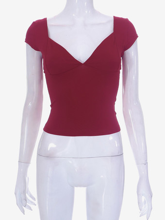 レッド フィットTシャツ キャップスリーブ プランジネックライン バックレス カジュアル ストリート レディース トップス