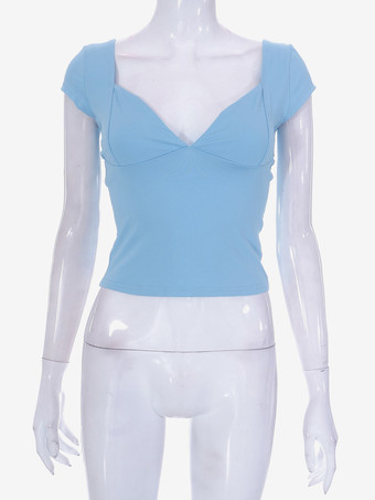 ライトスカイブルーフィットTシャツ キャップスリーブ プランジネックライン バックレス カジュアル ストリート レディース トップス