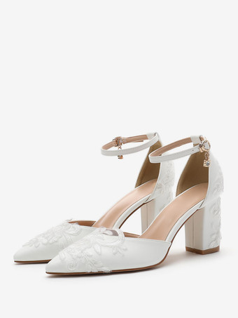 ホワイト ウェディングシューズ ブライダルパンプス PUレザー オープントゥ 刺繍入り