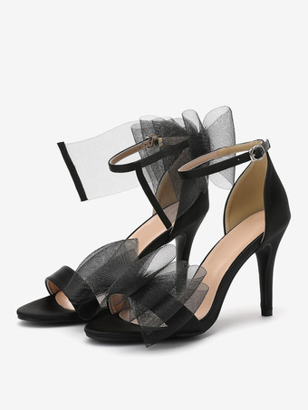 ブラック ブライダルサンダル ホワイトサテンファッションオープントゥボウウェディングサンダル