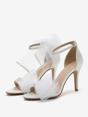 ホワイト ブライダルサンダル ホワイトサテンファッションオープントゥボウウェディングサンダル