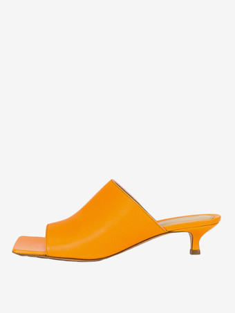 オレンジ レディース キトンヒール ミュール スクエアトゥ スリッポン ミュールシューズ