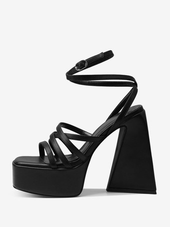 ブラック レディースヒールサンダル スクエアトゥ チャンキーヒールサンダル
