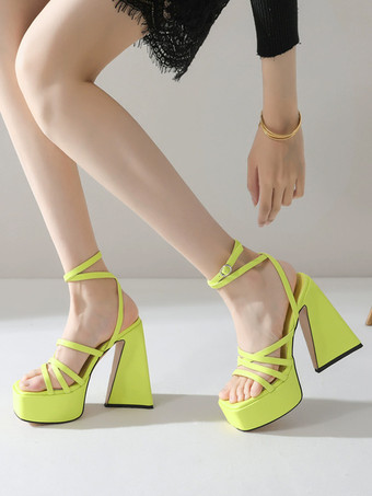 イエローレディースヒールサンダル スクエアトゥ チャンキーヒールサンダル