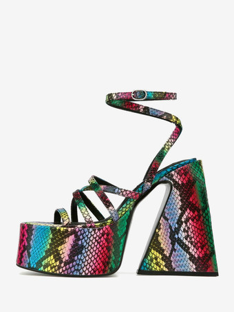 パイソン柄レディースヒールサンダル スクエアトゥ チャンキーヒールサンダル