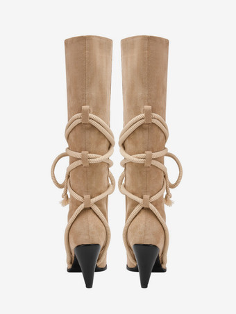 スエードニーハイブーツ ポインテッドトゥ コーンヒール レースアップ ハイブーツ