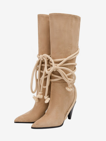 スエードニーハイブーツ ポインテッドトゥ コーンヒール レースアップ ハイブーツ