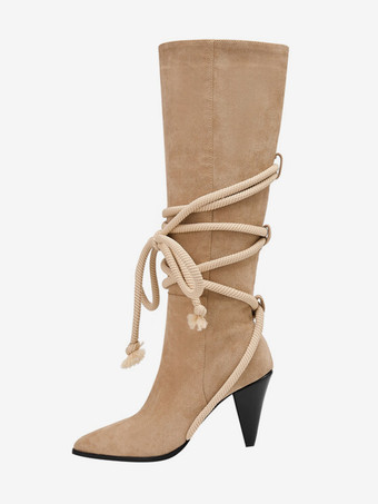 スエードニーハイブーツ ポインテッドトゥ コーンヒール レースアップ ハイブーツ