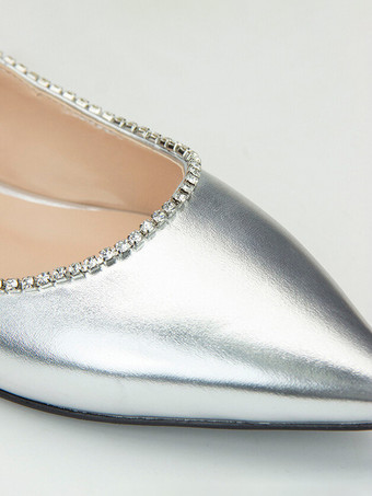 シルバー バレエ フラット ラインストーン ポインテッド トゥ メリージェーン フラットシューズ