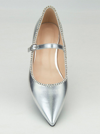 シルバー バレエ フラット ラインストーン ポインテッド トゥ メリージェーン フラットシューズ