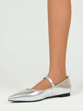 シルバー バレエ フラット ラインストーン ポインテッド トゥ メリージェーン フラットシューズ