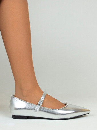 シルバー バレエ フラット ラインストーン ポインテッド トゥ メリージェーン フラットシューズ