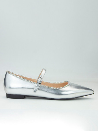 シルバー バレエ フラット ラインストーン ポインテッド トゥ メリージェーン フラットシューズ