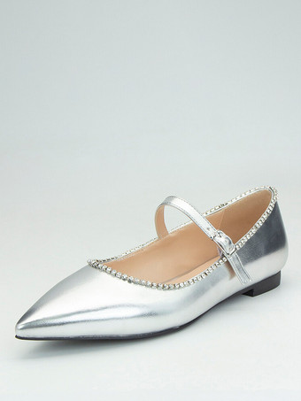 シルバー シルバー バレエ フラット ラインストーン ポインテッド トゥ メリージェーン フラットシューズ