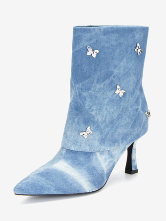 Stivaletti da donna Stivali con tacco alto ripiegabili in pelle scamosciata con strass a punta