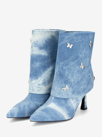 Stivaletti da donna Stivali con tacco alto ripiegabili in pelle scamosciata con strass a punta