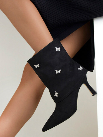 Stivaletti da donna Stivali con tacco alto ripiegabili in pelle scamosciata con strass a punta