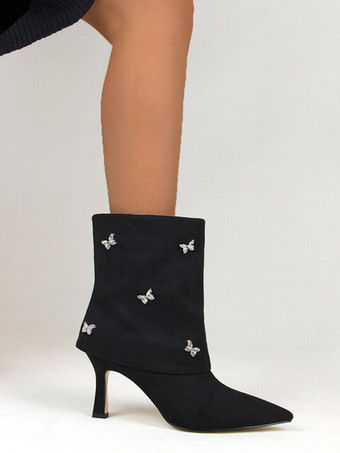 Stivaletti da donna Stivali con tacco alto ripiegabili in pelle scamosciata con strass a punta