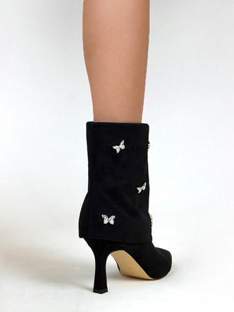 Stivaletti da donna Stivali con tacco alto ripiegabili in pelle scamosciata con strass a punta