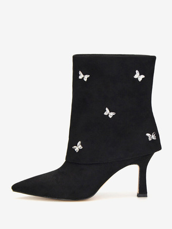 Nero Stivaletti da donna Stivali con tacco alto ripiegabili in pelle scamosciata con strass a punta