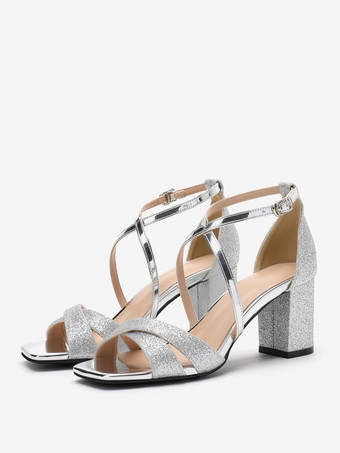 シルバー ウェディングシューズ スパンコール クロス シルバー メタルディテール スクエアトゥ ウェディングサンダル