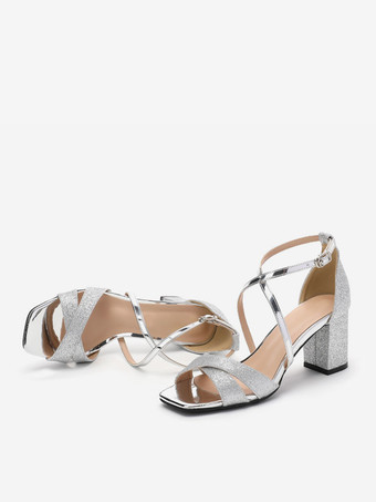 ウェディングシューズ スパンコール クロス シルバー メタルディテール スクエアトゥ ウェディングサンダル