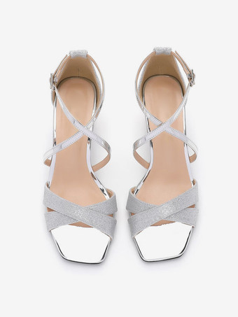 ウェディングシューズ スパンコール クロス シルバー メタルディテール スクエアトゥ ウェディングサンダル
