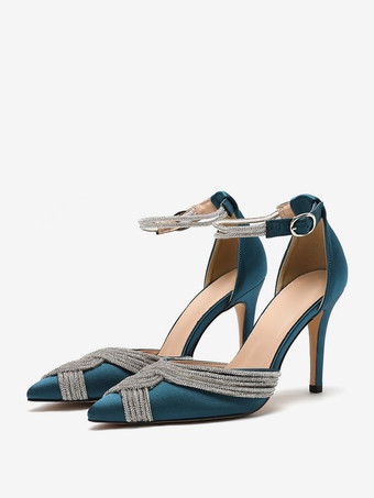 ダークグリーンウェディングシューズ ブライダルパンプス サテン ポインテッドトゥ