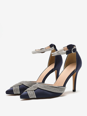 ディープブルーウェディングシューズ ブライダルパンプス サテン ポインテッドトゥ