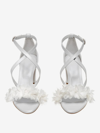 ホワイトウェディングシューズ 花柄 クリスクロス チャンキーヒール ブライダルシューズ