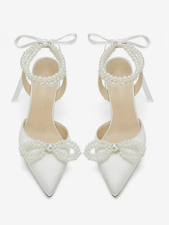 サテンウェディングシューズ パールボウ スリングバック ブライダルパンプス