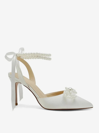 サテンウェディングシューズ パールボウ スリングバック ブライダルパンプス