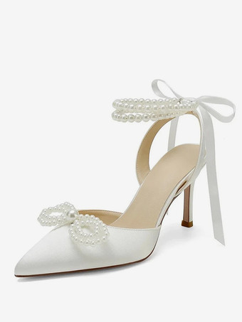 ホワイト サテンウェディングシューズ パールボウ スリングバック ブライダルパンプス