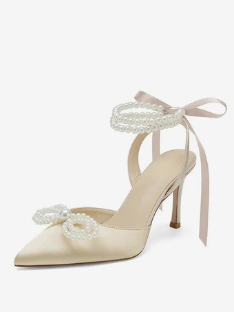 アプリコットサテンウェディングシューズ パールボウ スリングバック ブライダルパンプス