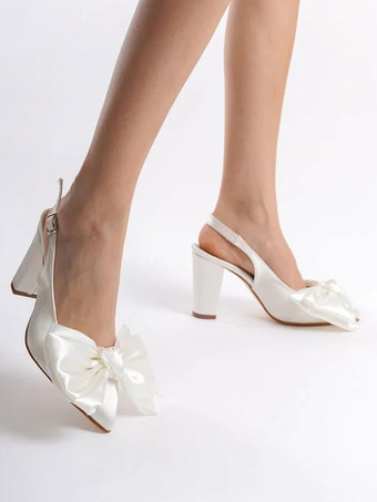 サテンウェディングシューズ ボウスリングバック チャンキーヒール ブライダルパンプス