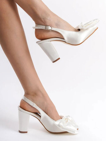 サテンウェディングシューズ ボウスリングバック チャンキーヒール ブライダルパンプス