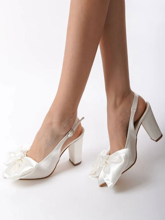 サテンウェディングシューズ ボウスリングバック チャンキーヒール ブライダルパンプス