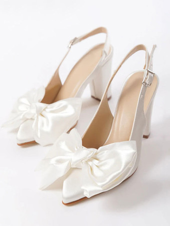 ホワイト サテンウェディングシューズ ボウスリングバック チャンキーヒール ブライダルパンプス