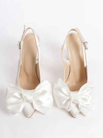 サテンウェディングシューズ ボウスリングバック チャンキーヒール ブライダルパンプス