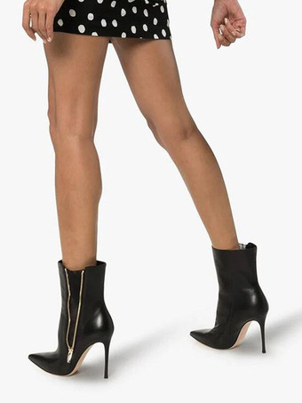 ブラック ポインテッドトゥ アンクルブーツ ジップアップ ハイヒール ブーティ レディース