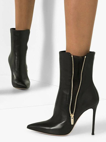 ブラック ポインテッドトゥ アンクルブーツ ジップアップ ハイヒール ブーティ レディース